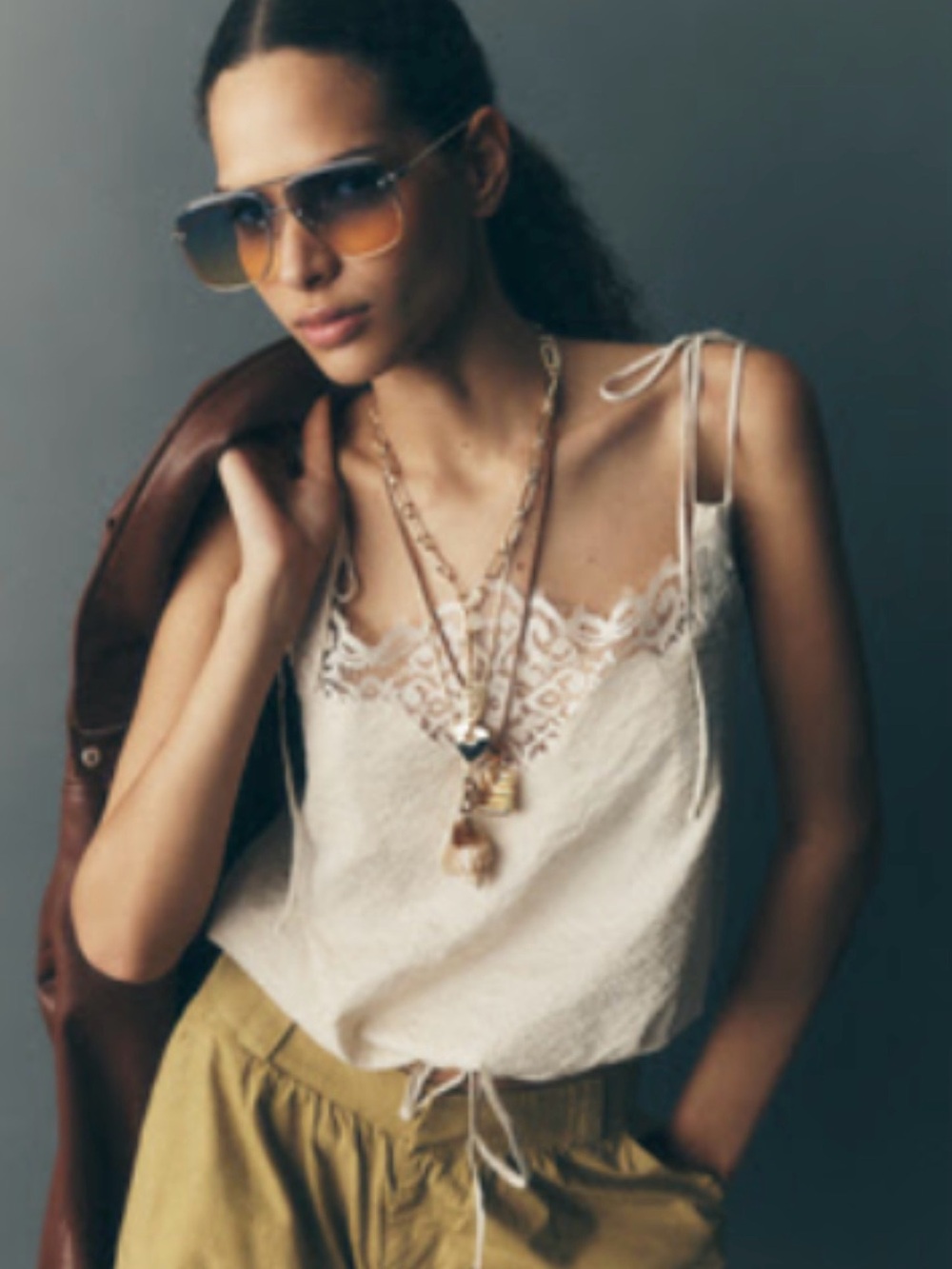 Anthropologie Ivory Lace-Trim Tie-Shoulder Camisole